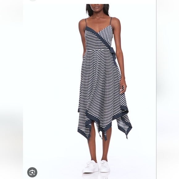 Banana Republic Navy White Striped Handkerchief Hem Dress - Size 2 - Picture 3 of 6